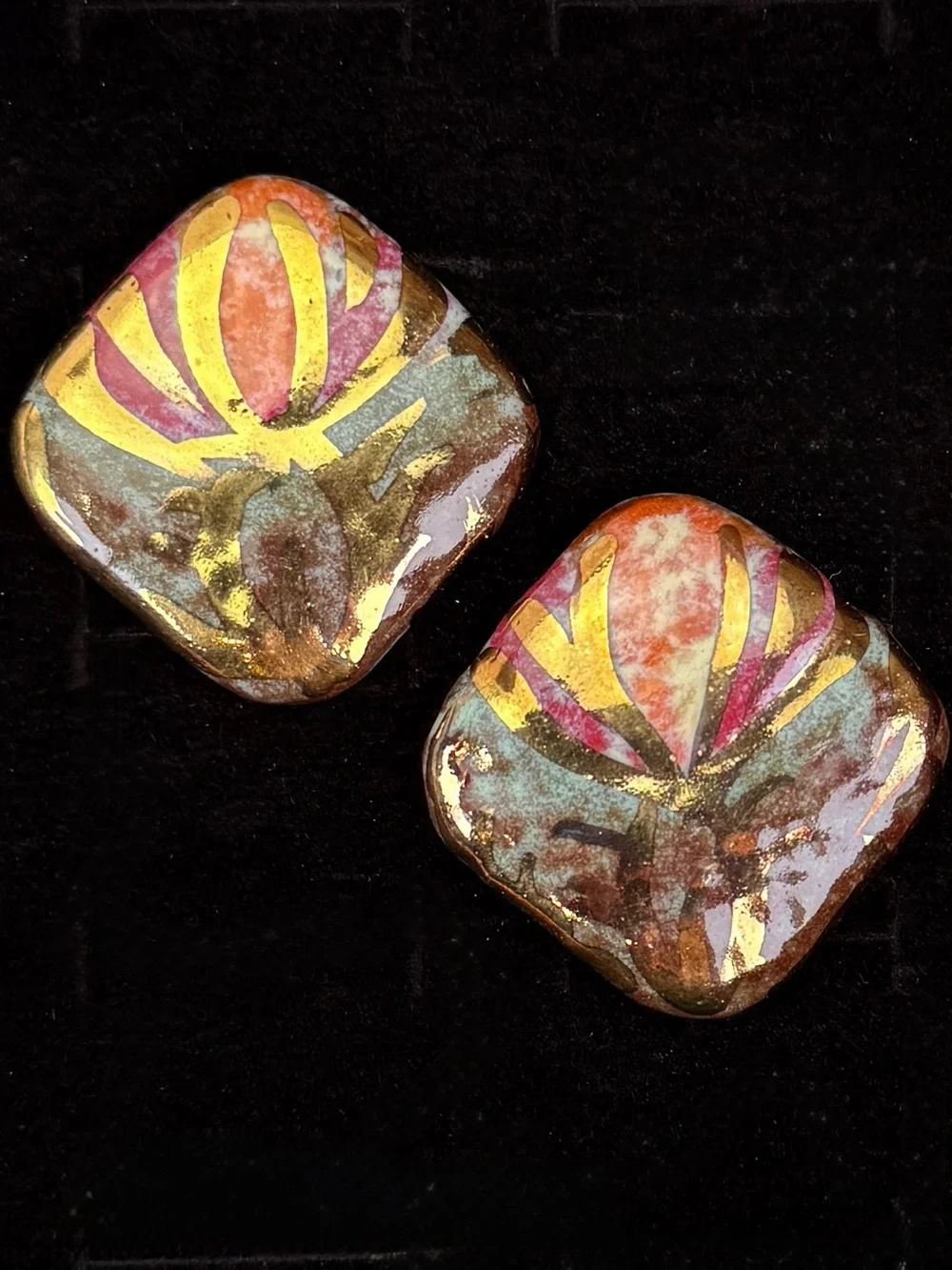 Vintage ceramic goldtone multicolored custom square pierced earrings